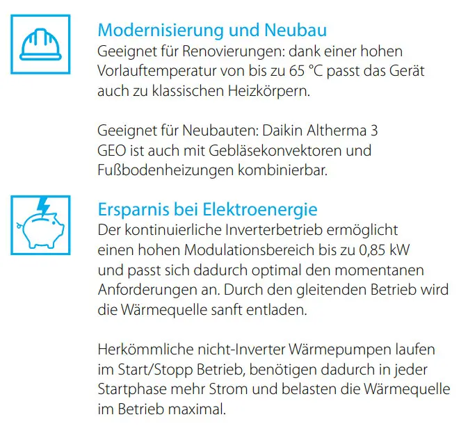 Daikin-Wärmepumpe mit Montagehinweisen, geeignet für Renovierungen und Neubauten. Informationen zu Energieeinsparung und Betriebseffizienz durch Invertertechnik sind enthalten.